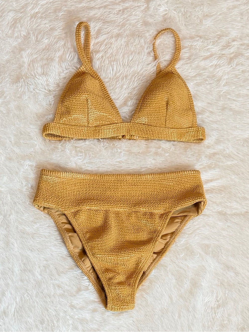 Montce Swim Gold Metallic Crinkle Two-Piece Bikini Set - S Top / M Bottom